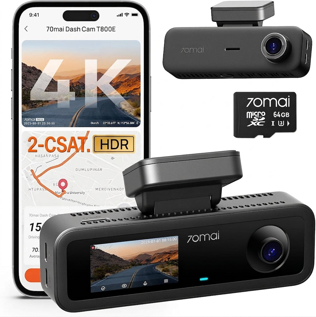 4K autós menetrögzítő kamera, első és hátsó, belső, 3 csatornás autós menetrögzítő kamera, menetrögzítő kamera GPS-szel, Wi-Fi 6, hangvezérlés, parkolómonitor, éjjellátó, hurokfelvétel, 64GB SD kártya a csomagban (T800E)