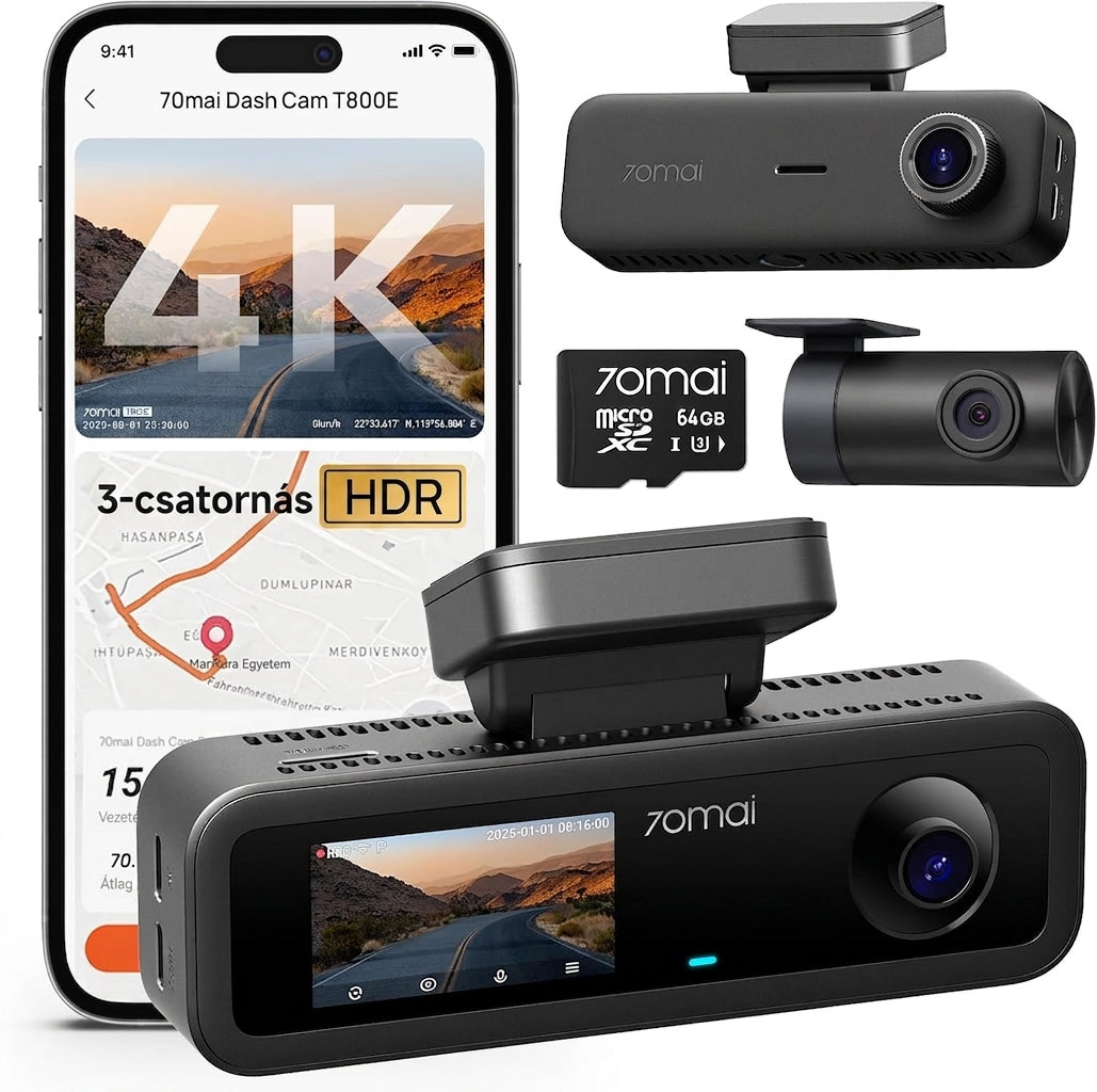 4K autós menetrögzítő kamera, első és hátsó, belső, 3 csatornás autós menetrögzítő kamera, menetrögzítő kamera GPS-szel, Wi-Fi 6, hangvezérlés, parkolómonitor, éjjellátó, hurokfelvétel, 64GB SD kártya a csomagban (T800E)
