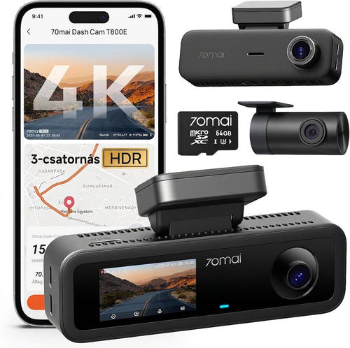 4K autós menetrögzítő kamera, első és hátsó, belső, 3 csatornás autós menetrögzítő kamera, menetrögzítő kamera GPS-szel, Wi-Fi 6, hangvezérlés, parkolómonitor, éjjellátó, hurokfelvétel, 64GB SD kártya a csomagban (T800E)