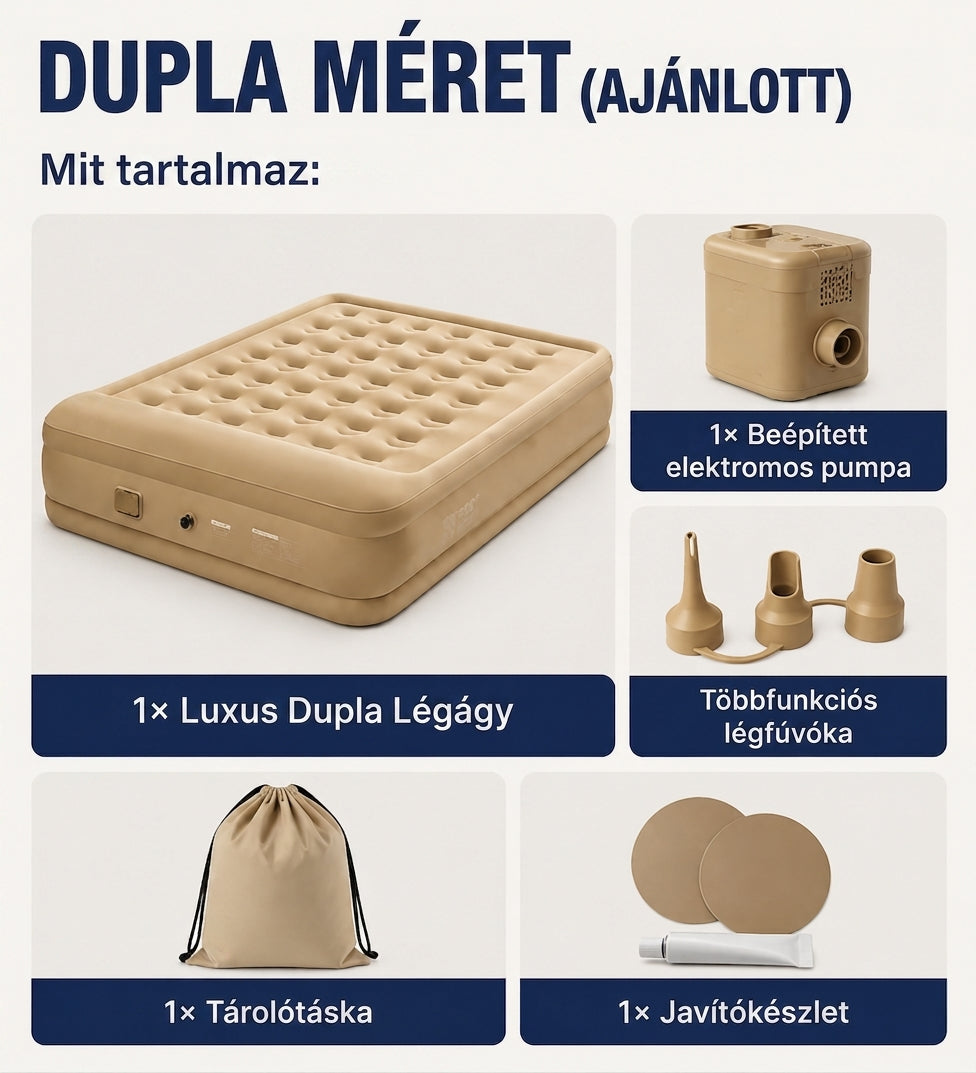 46 cm magas luxus légágy beépített elektromos pumpával – kényelmes vendégágy otthonra, kempingezéshez és utazáshoz